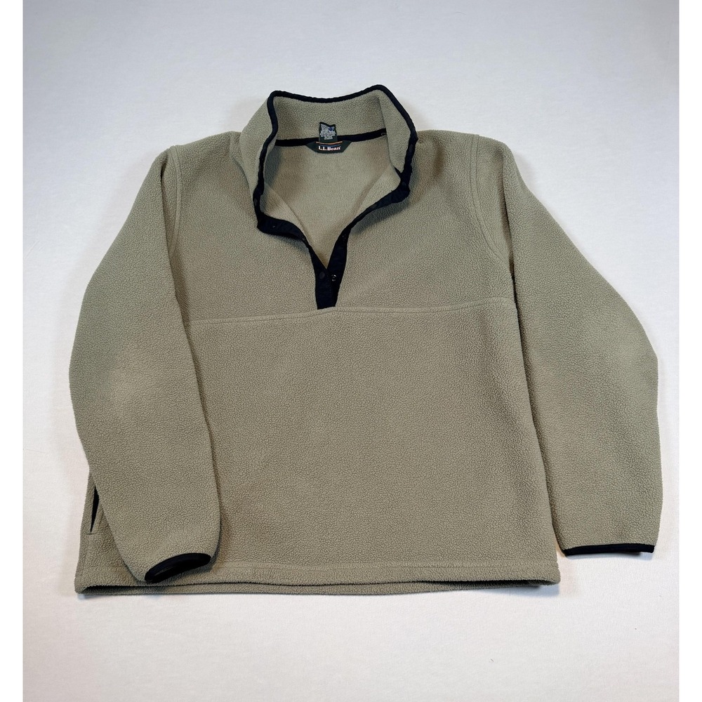 LL Bean Jacket Womens Medium Beige Fleece Snap Button Pullover Pockets Outdoor